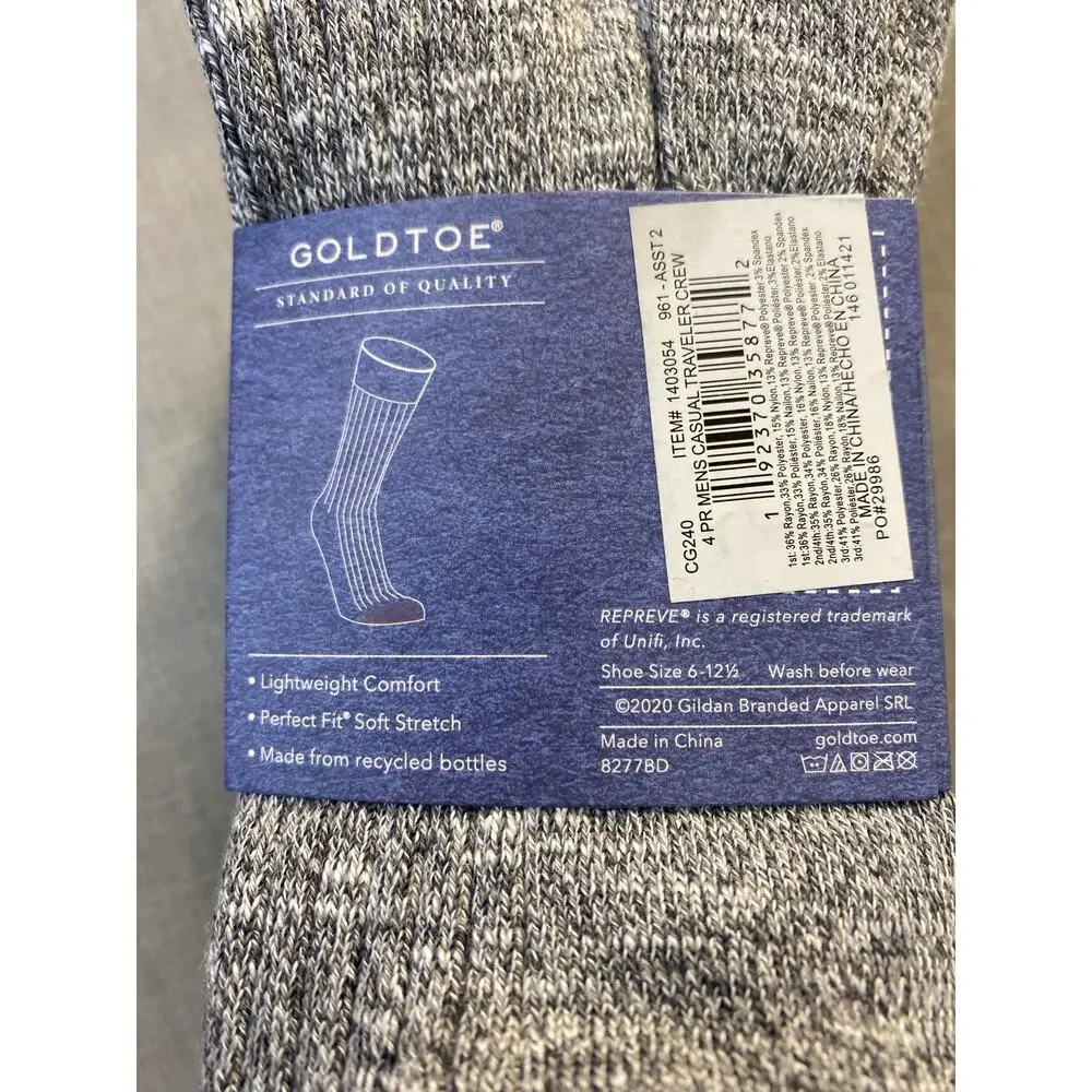 Goldtoe Socks 4 Pair Men's Shoe Size 6-12.5 Casual Traveler Crew NWT Grey Blue